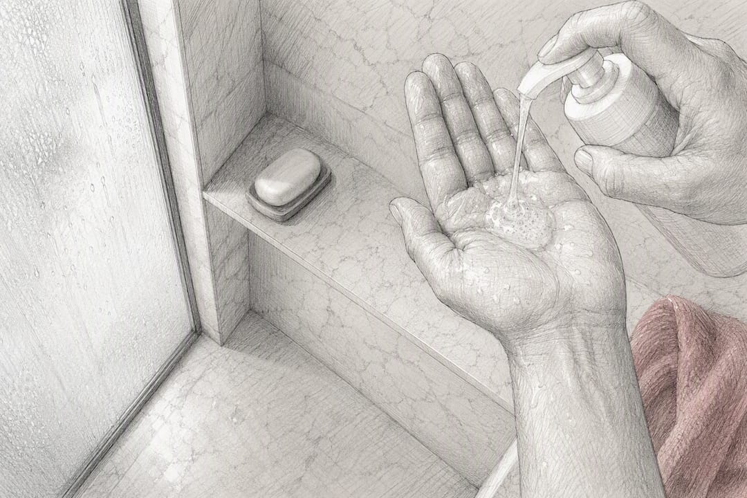 Hand dispensing skincare wash in shower