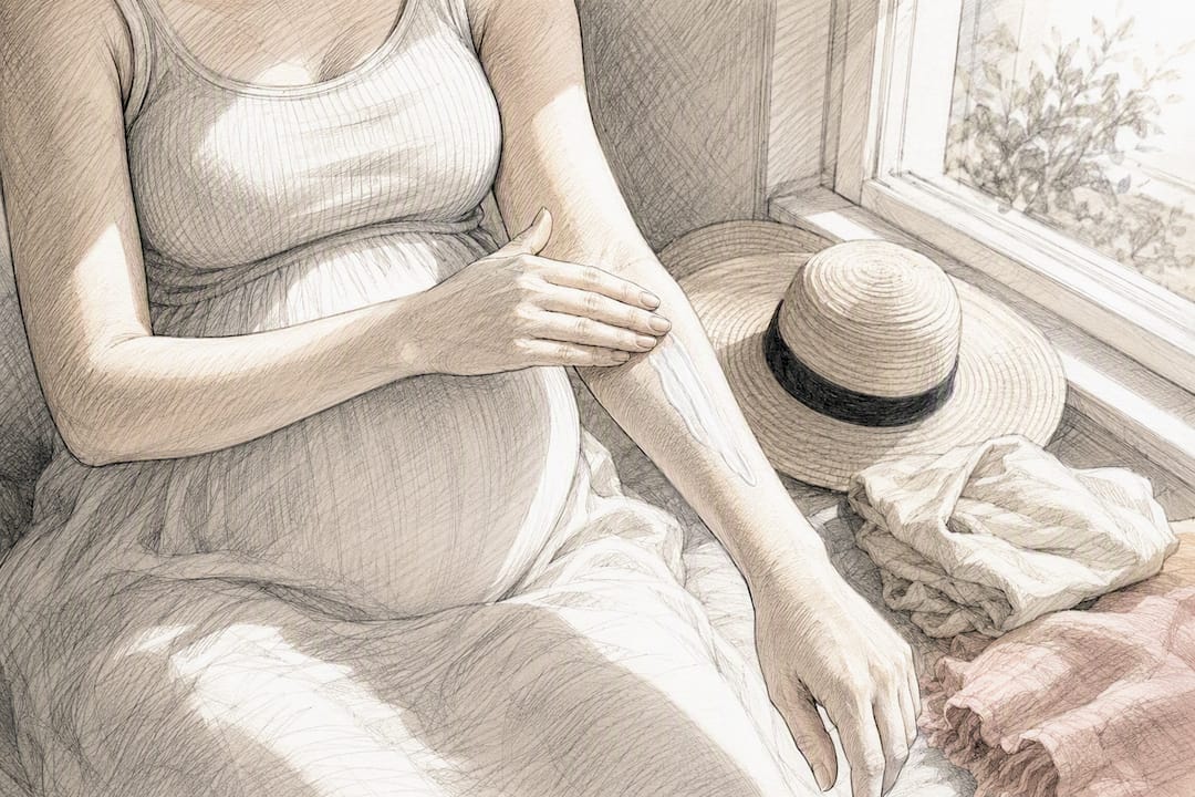 Pregnant woman applying sunscreen to forearm