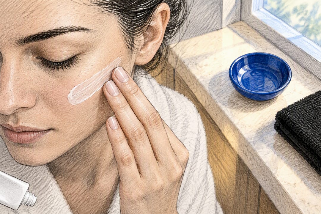 Hand applying topical acne treatment to cheek