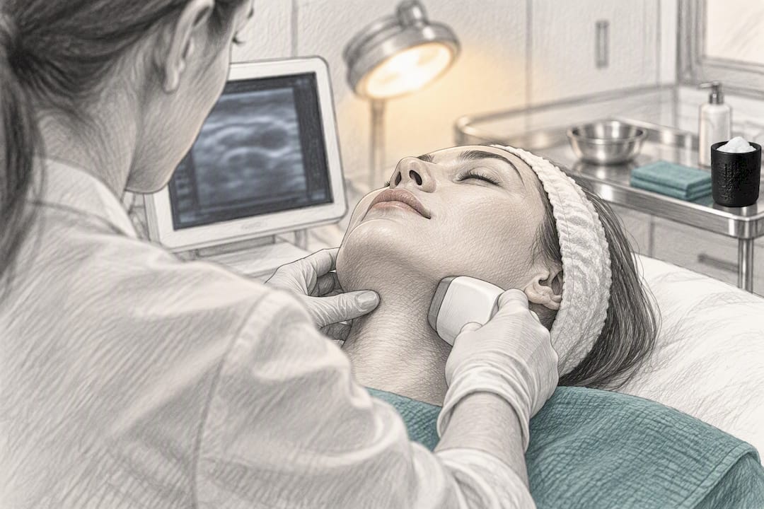 Clinician performing HIFU beneath the chin