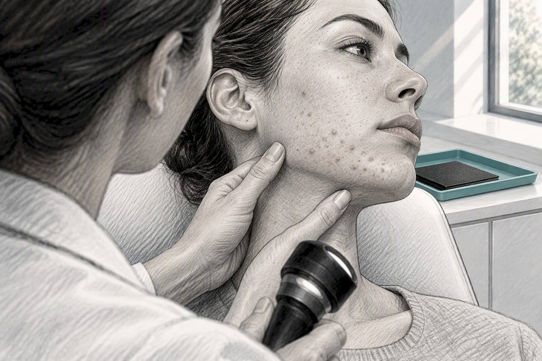 Clinician examining blemishes along the jawline
