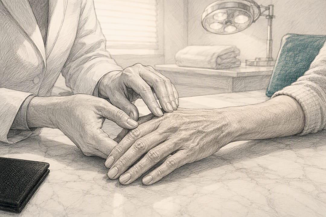 Clinician assessing ageing hand skin