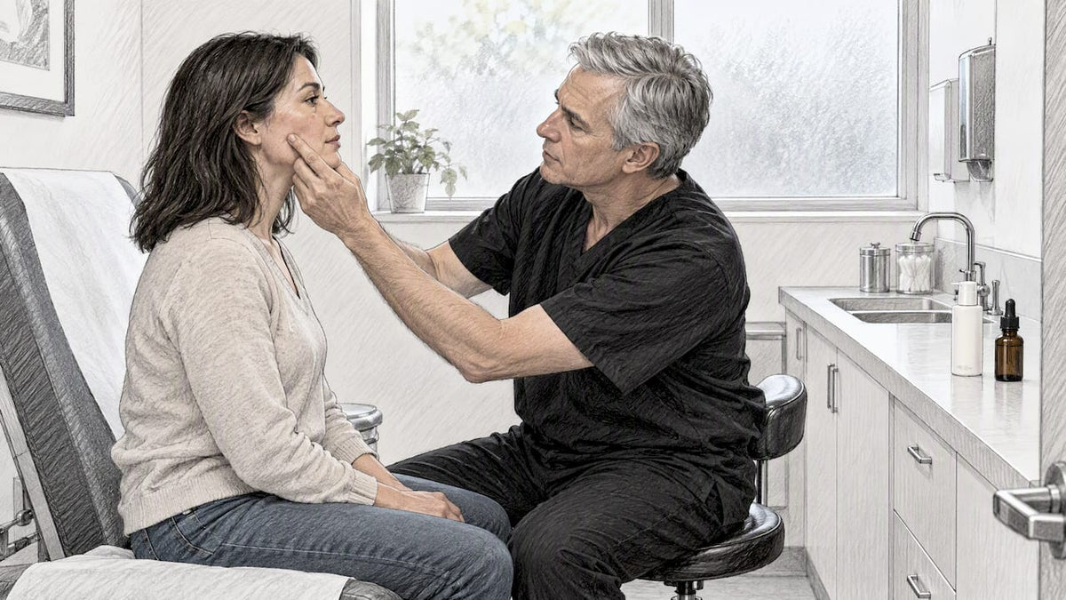 Clinician reviewing skin after skincare trial