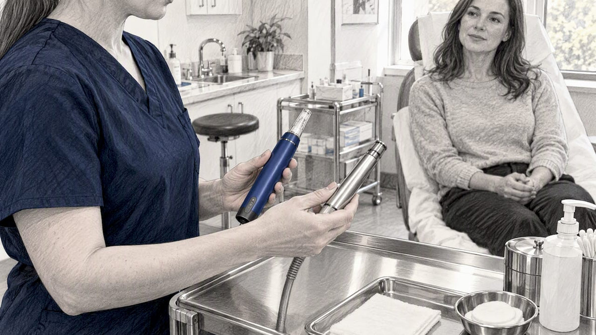 Clinician comparing microneedling and microdermabrasion devices
