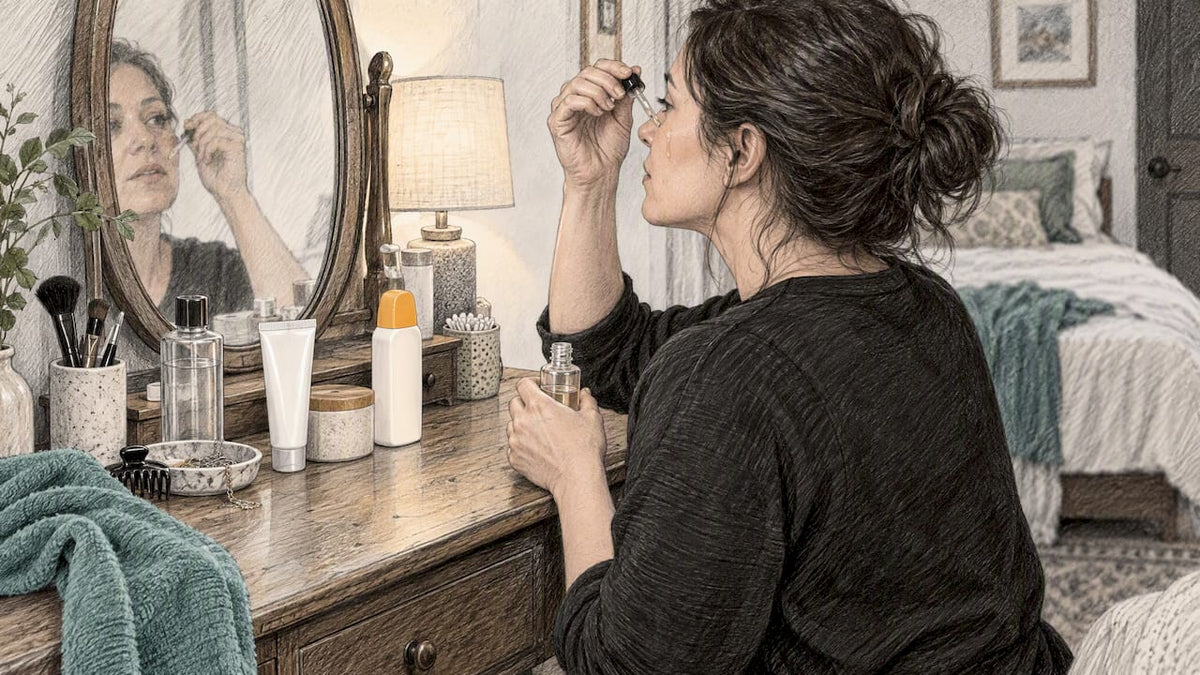 Woman applying serum at a bedroom vanity