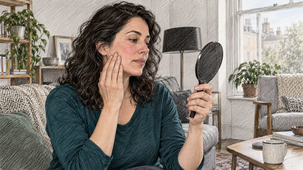 Woman checks mild post-microneedling cheek redness