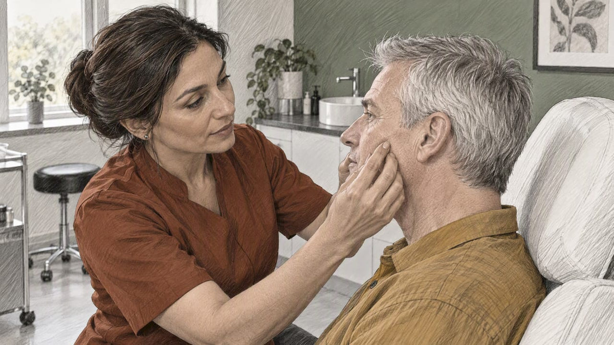 Clinician assessing facial skin and cheek contour
