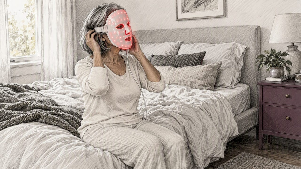 Woman fitting a red LED facial mask