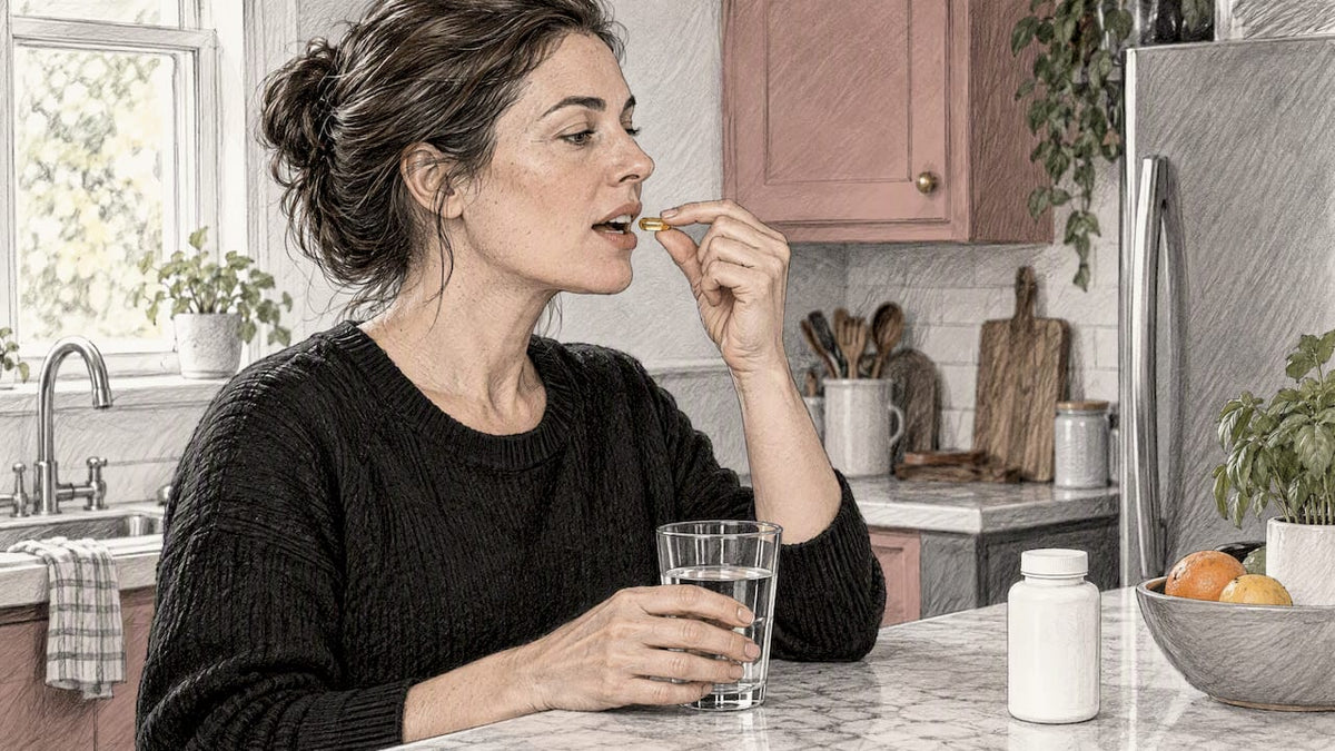 Woman taking an omega-3 capsule at home