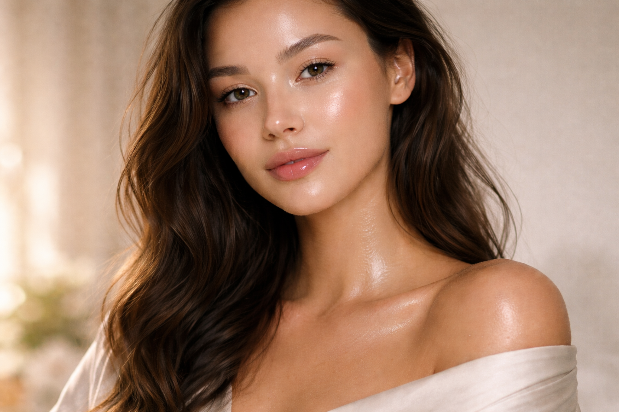 Woman with glowing skin and natural beauty close up portrait