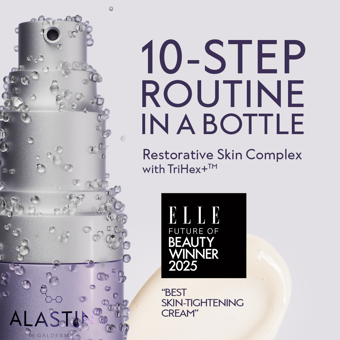 Alastin Restorative Skin Complex with text about a 10-step routine in a bottle and ELLE Future of Beauty Winner 2025 award.
