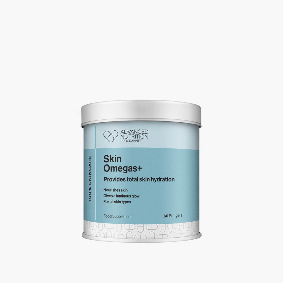 Advanced Nutrition Programme Skin Omegas+ supplement for dry, dehydrated, and lacklustre-looking skin.