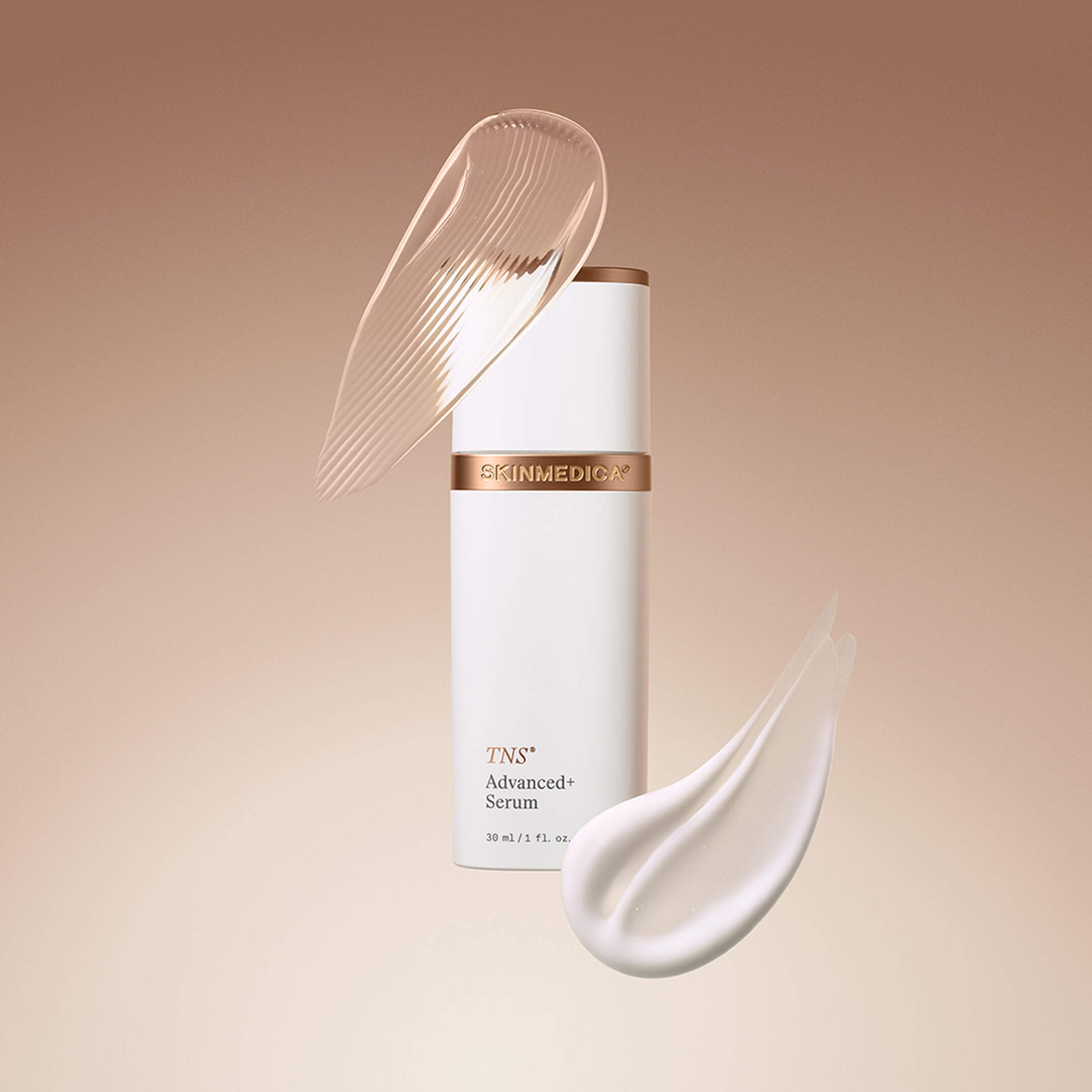 SkinMedica TNS Advanced Serum bottle with cream smear on a beige background. SkinMedica TNS Advanced+ Serum 1 fl oz packaging with TNS-MR® growth-factor technology.
