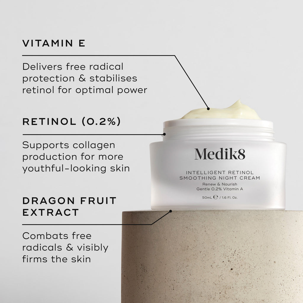 Intelligent Retinol Night Cream texture by Medik8—rich, hydrating formula with 0.2% retinol and antioxidants.