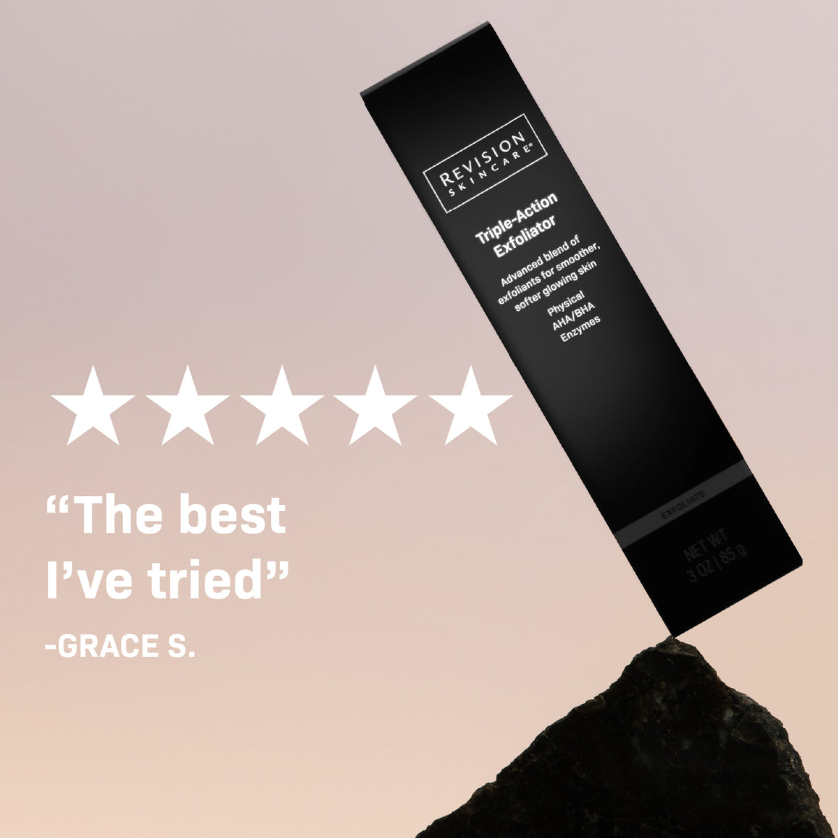 Revision skincare Triple-Action Exfoliator with five-star rating and review on a beige background