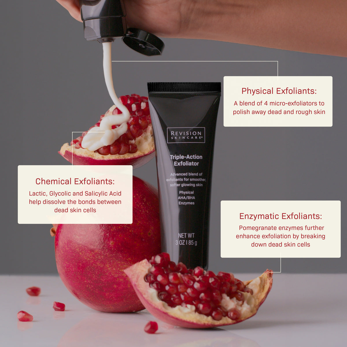 Revision skincare Triple-Action Exfoliator with pomegranate and descriptions of benefits about exfoliants on a gray background