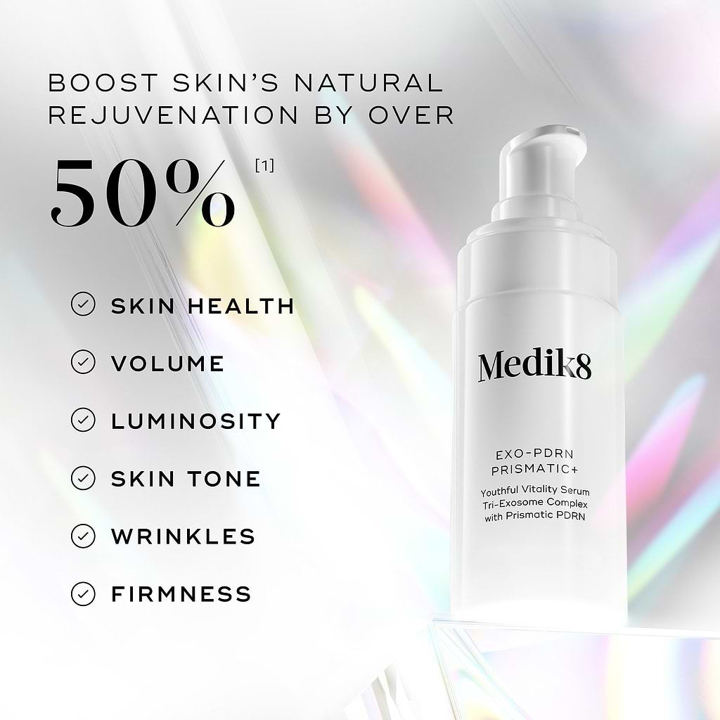 Medik8 serum bottle with text about skin rejuvenation benefits on a gradient background