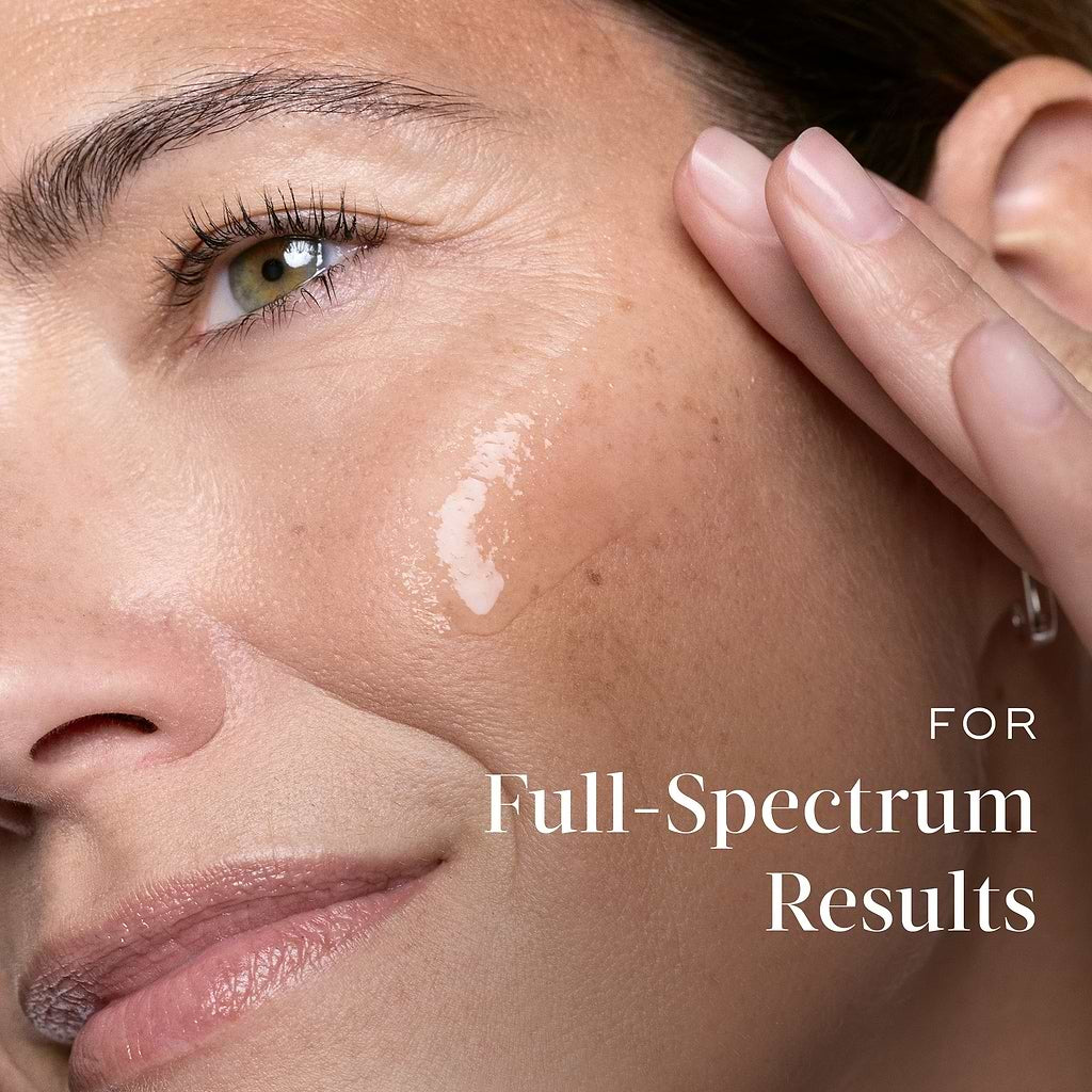 Close-up of a woman's face with a product applied, text 'FOR Full-Spectrum Results'.