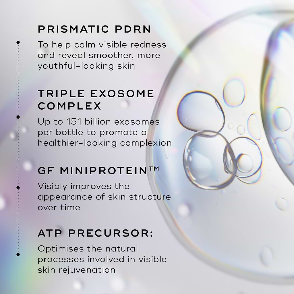 Product description Medik8 Exo-PDRN Prismatic+ serum with text about Prismatic PDRN, Triple Exosome Complex, GF Miniprotein, and ATP Precursor on a blurred background of bubbles.