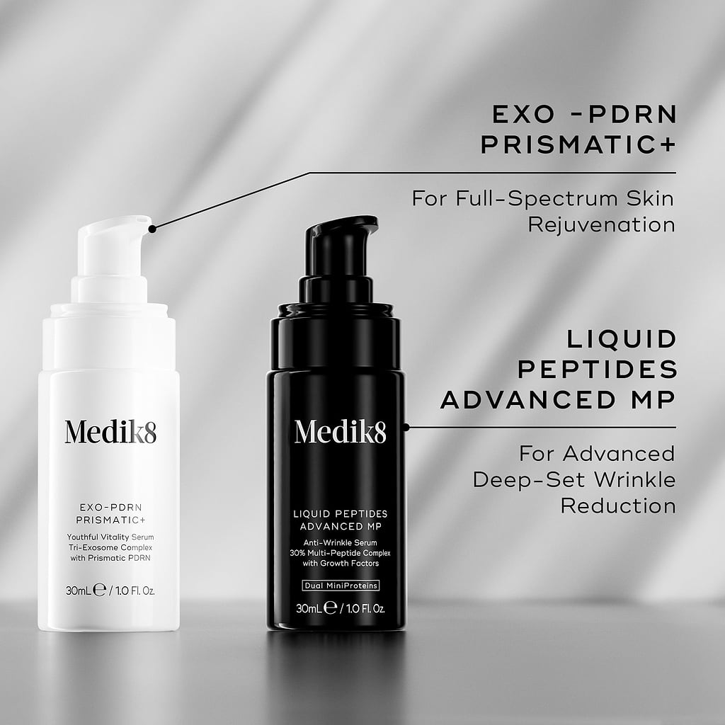 Two Medik8 skincare products on a gray background with text describing their uses.