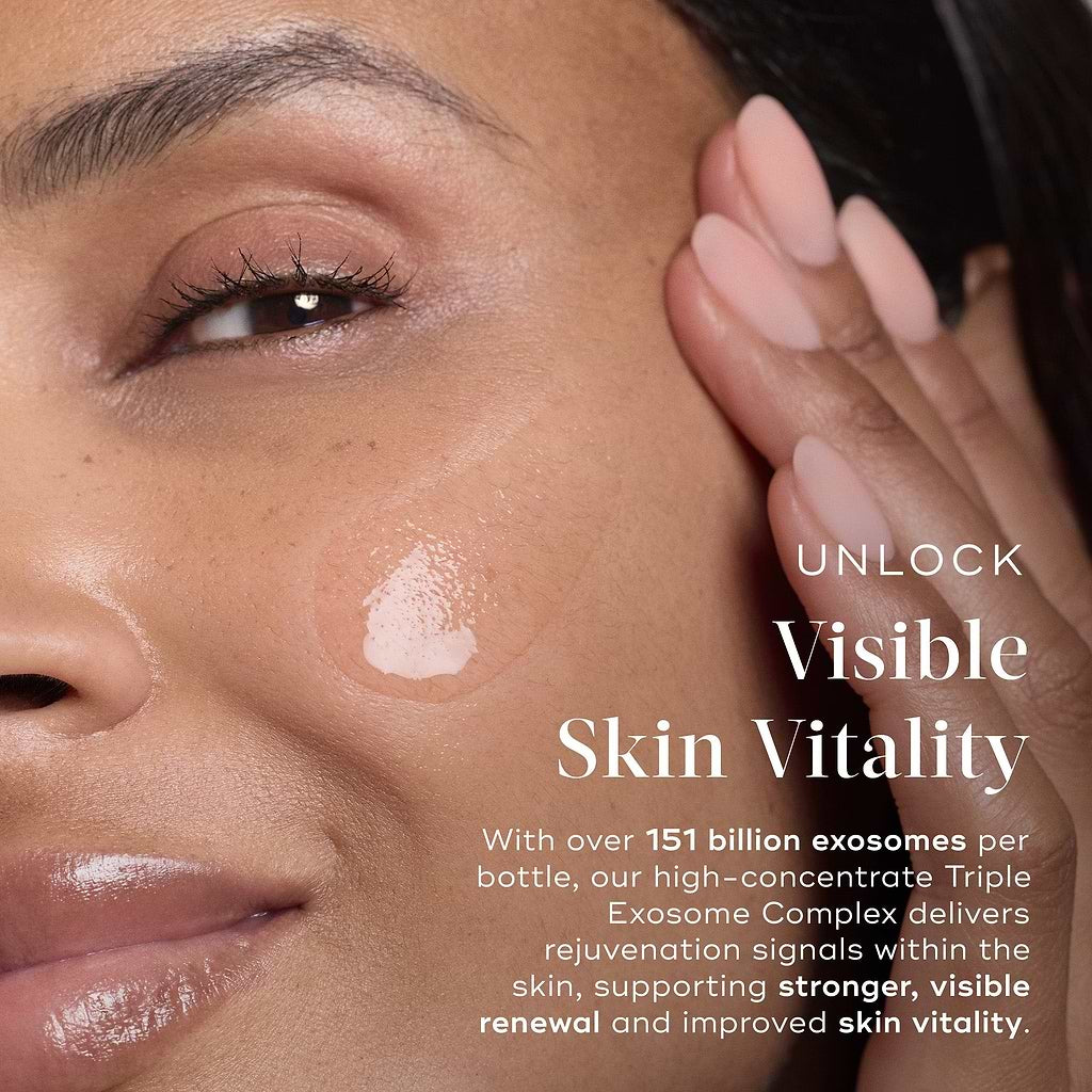 Close-up of a woman's face with a product application, text about skin vitality, and exosome information.