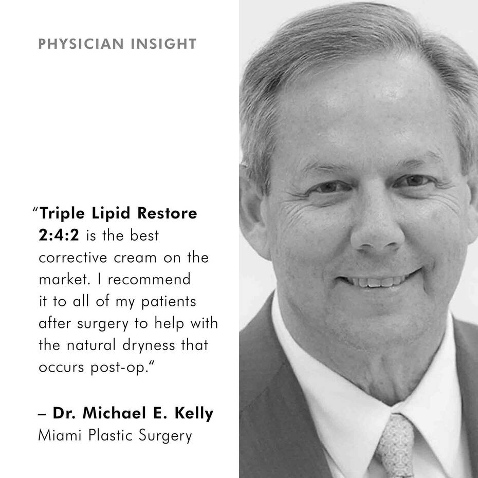 Black and white photo of a dermatologist with a testimonial about Triple Lipid Restore.