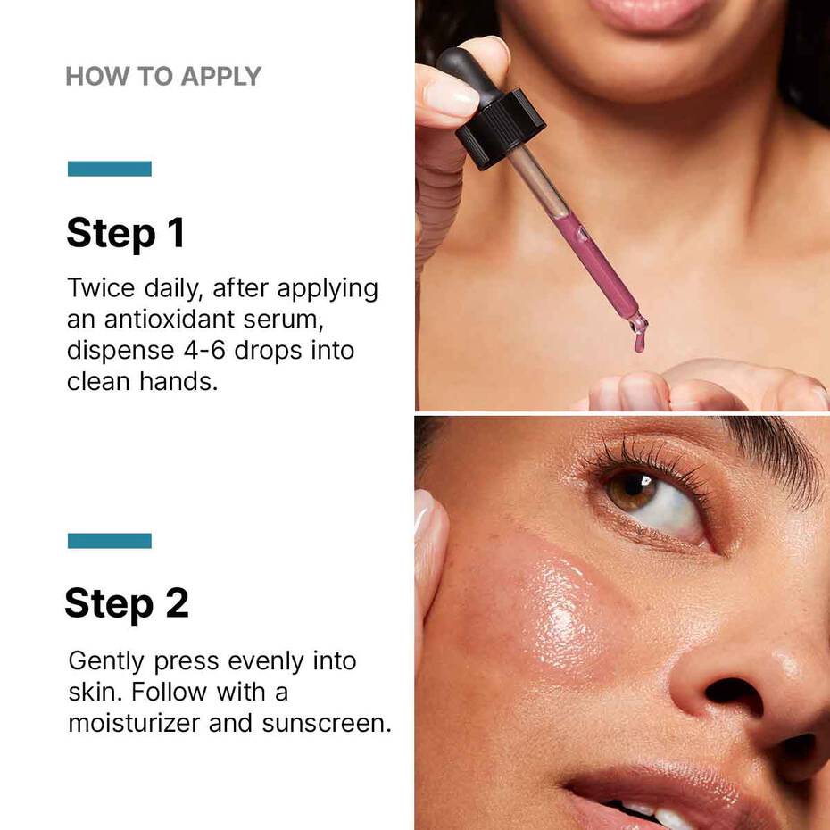 Model applying HA Intensifier–multi‑glycan—to cheeks and jawline for contouring effect.