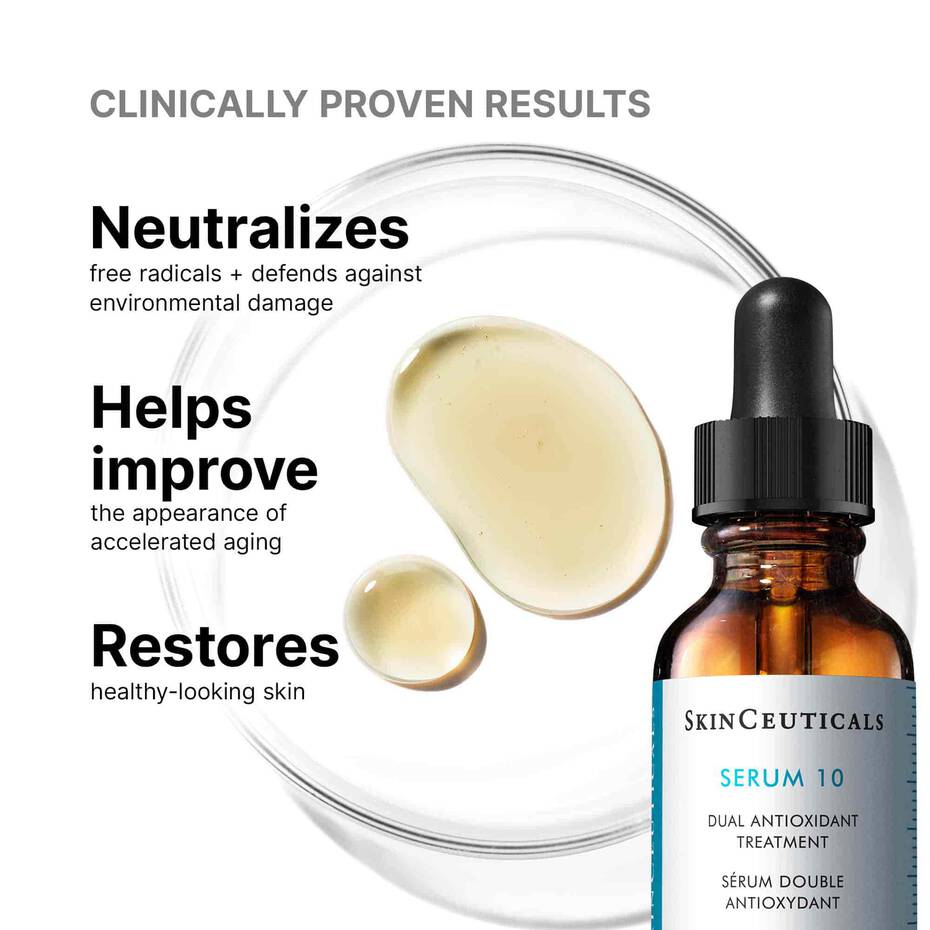 SkinCeuticals Serum 10 bottle with dropper and text about product benefits on a white background