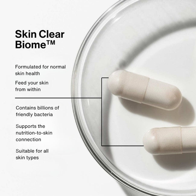 Advanced Nutrition Programme Skin Clear Biome capsules formulated with four selected strains of bacteria and yeast.