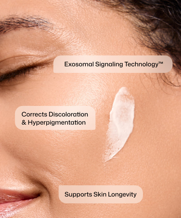 Close-up of a person's face with a smear of white cream on the cheek and three text callouts reading 'Exosomal Signaling Technology™', 'Corrects Discoloration & Hyperpigmentation', and 'Supports Skin Longevity'. Advanced Pigment Corrector+™ applied to the face as part of a daily pigment-correcting skincare routine.