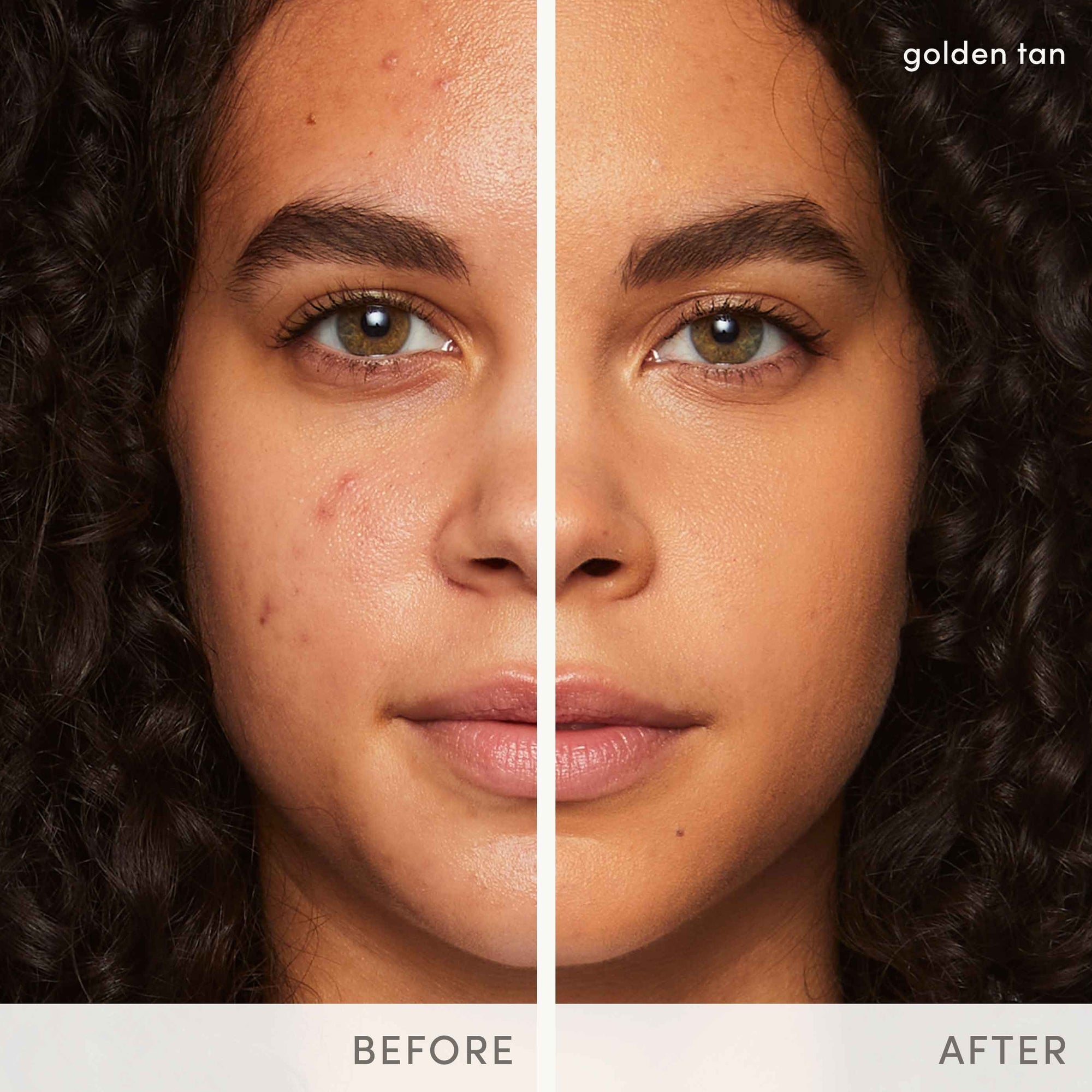 Jane Iredale PurePressed Base before after in Golden Tan shade—multi-tasking mineral powder foundation for natural, radiant skin.