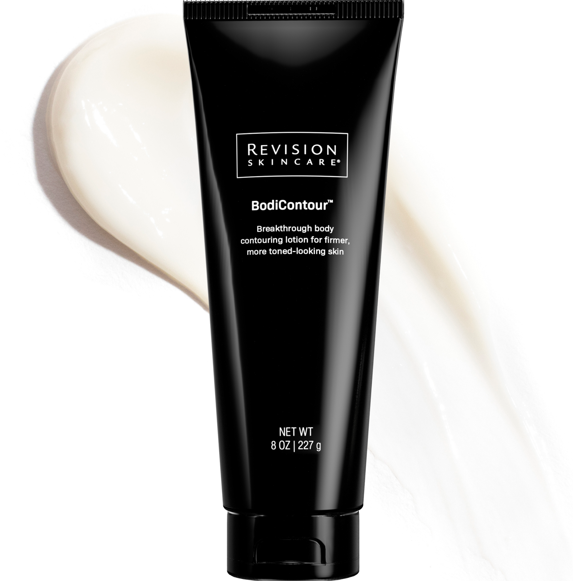 A black squeeze tube of Revision Skincare BodiContour breakthrough body contouring lotion for former, more toned-looking skin, shown on a white background with a cream-colored lotion smear behind it. Revision BodiContour body lotion with iFirm® Technology for visibly firmer, smoother, more toned-looking skin.