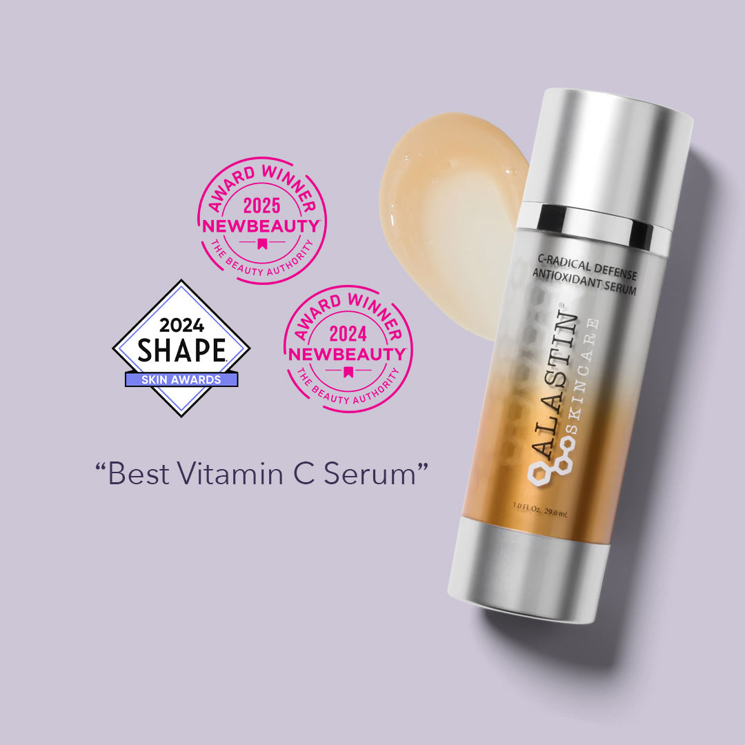 Alastin C-Radical Defense antioxidant serum bottle with award badges on a light purple background