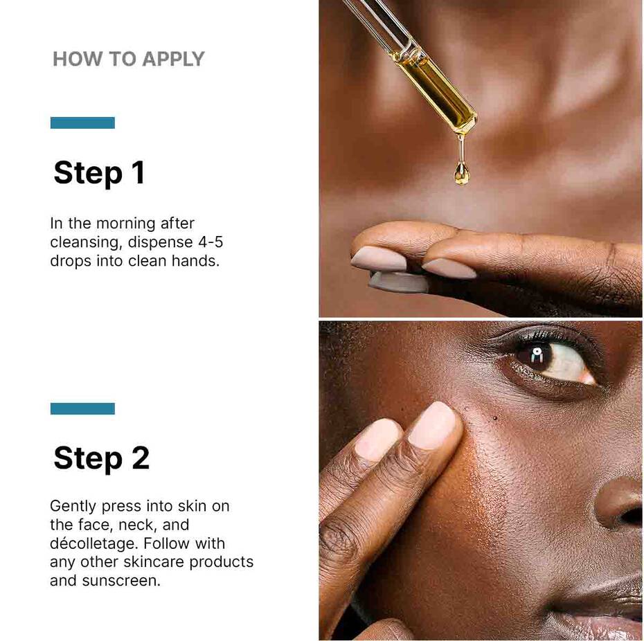 Model applying SkinCeuticals CE Ferulic—morning application for wrinkle reduction and brightness.