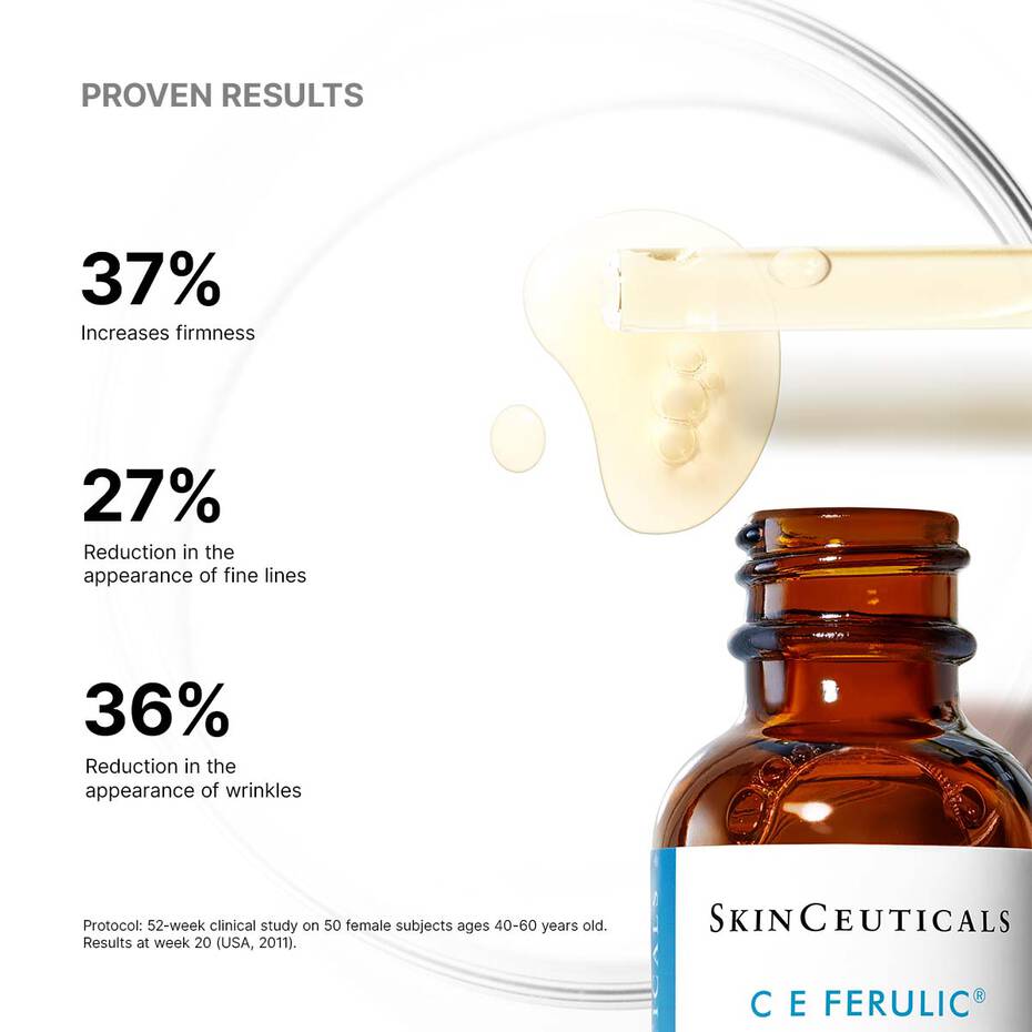 Texture of CE Ferulic serum—lightweight vitamin C serum for daily free radical defense.