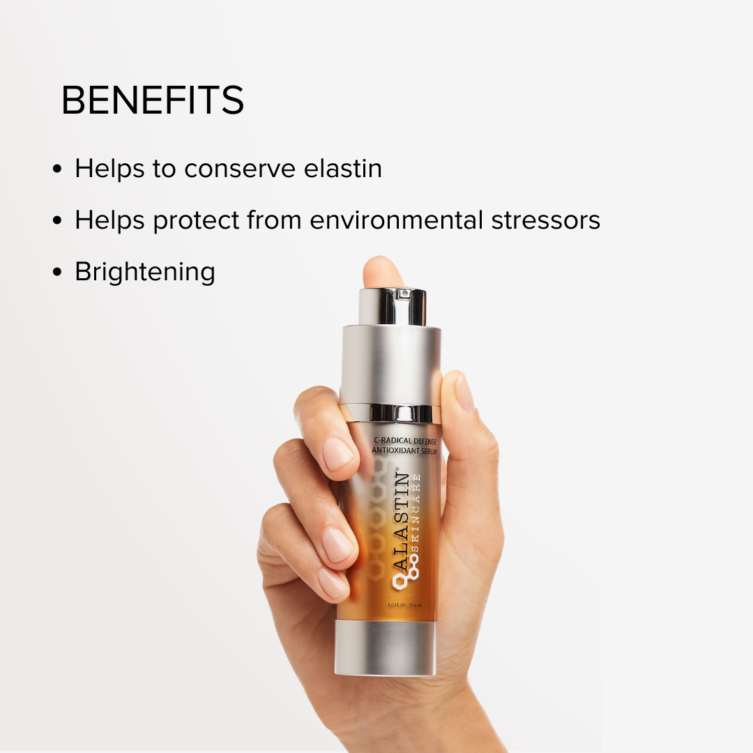 Hand holding a Alastin C-Radical skincare product with benefits listed on a white background
