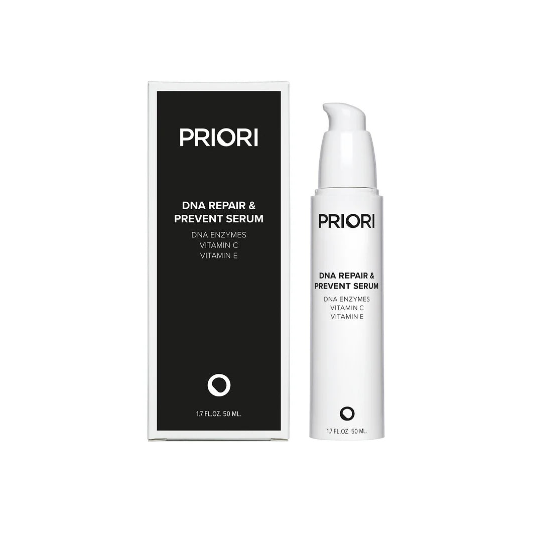 PRIORI DNA Repair & Prevent Serum shown as a white pump bottle next to its black and white retail box on a plain white background.