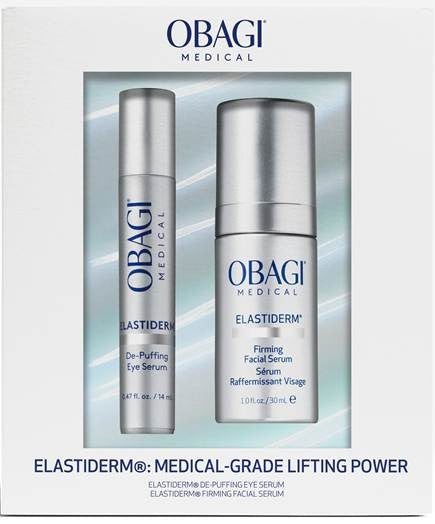 Obagi Medical Elastiderm skincare serum set with two bottles on a light gray background