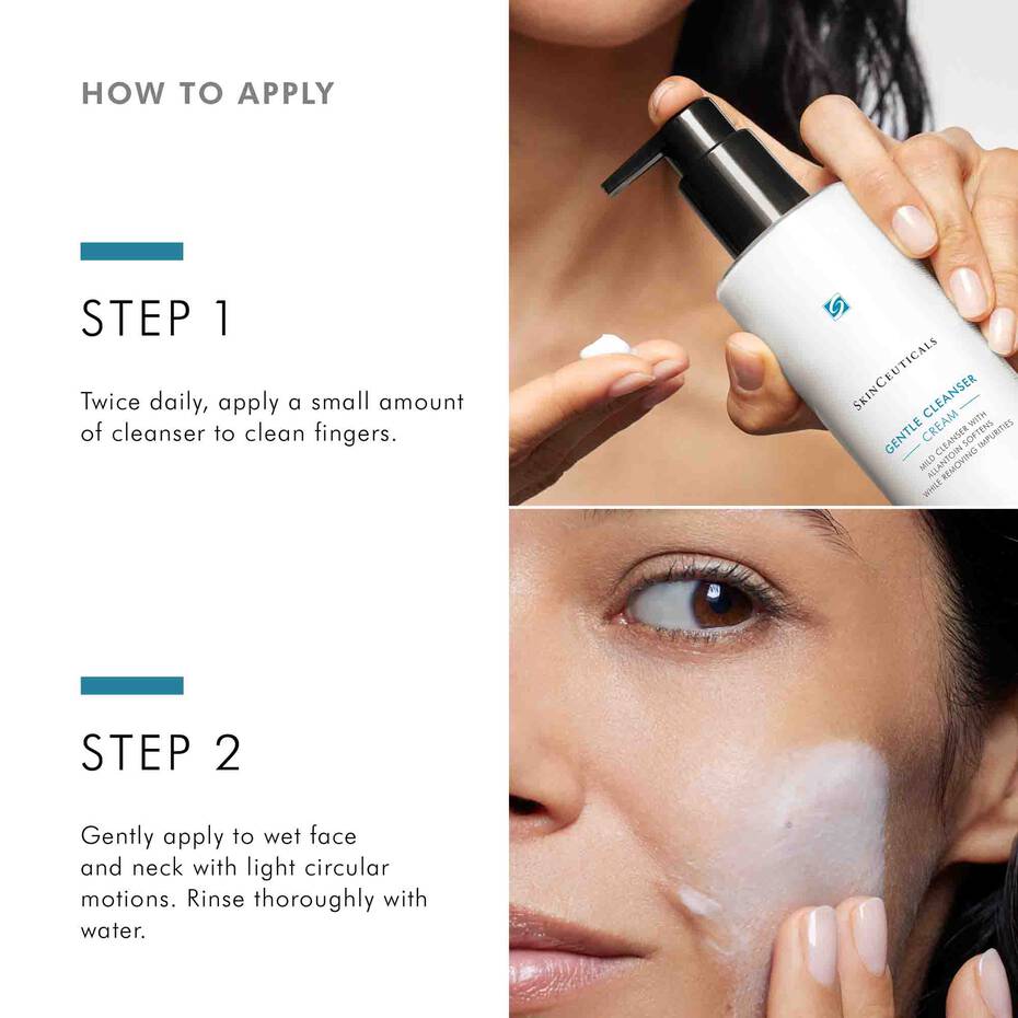 Model applying Gentle Cleanser—gentle face wash for long‑wear makeup removal.