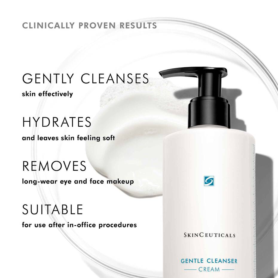 SkinCeuticals Gentle Cleanser Cream bottle with text highlighting product benefits on a white background