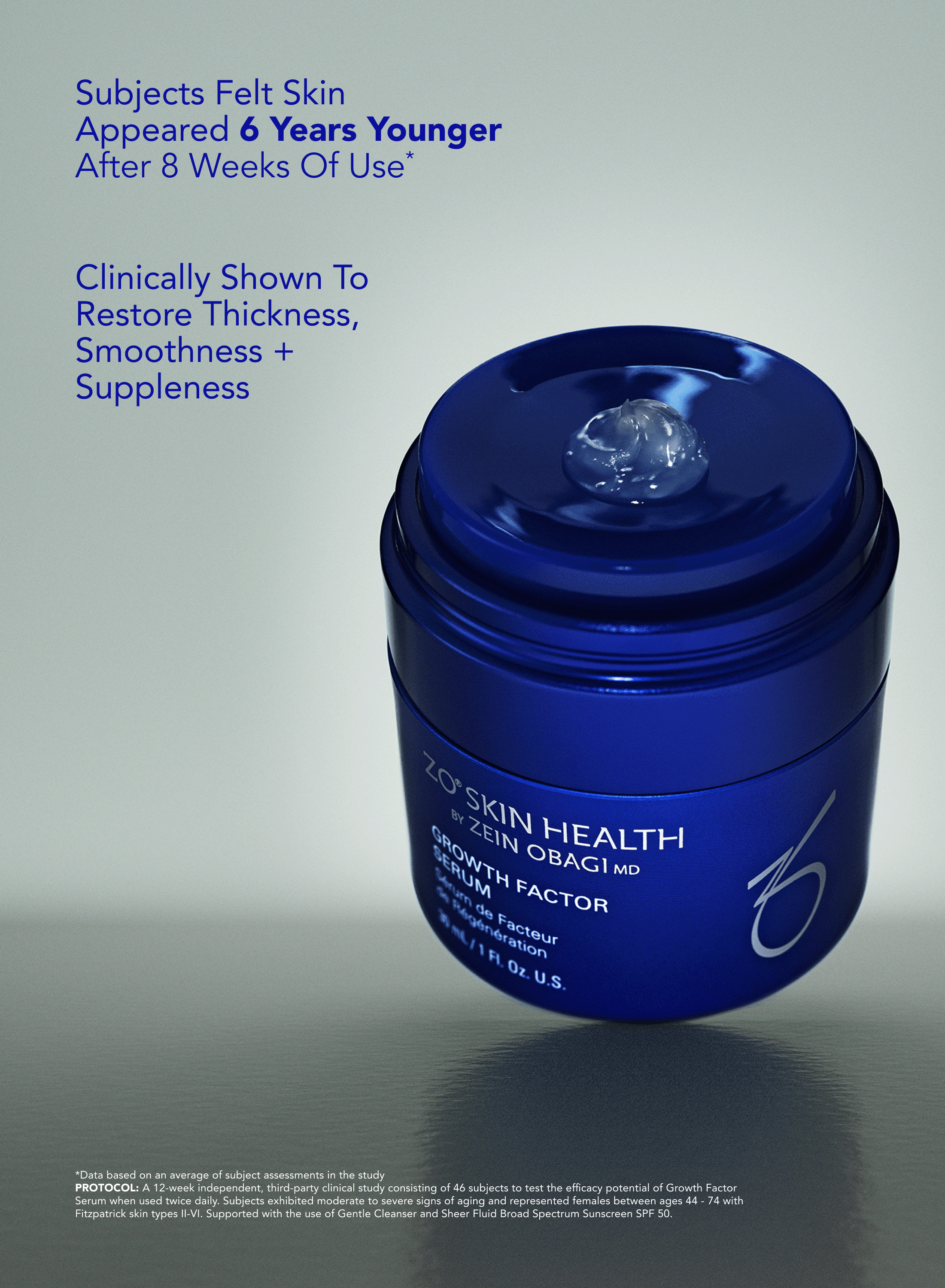 Close-up of ZO Growth Factor Serum being applied to hand, showing lightweight gel texture and smooth absorption 
