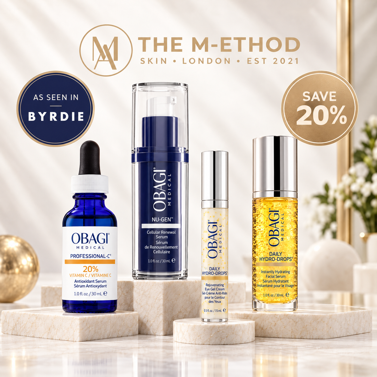 Four OBAGI Medical skincare products from The M-Ethod Skin London are displayed on a marble pedestal with promotional badges. Obagi camera-ready skin collection featuring NU-GEN Serum, Professional-C 20%, Daily Hydro-Drops, and Rejuvenating Eye Gel Cream.