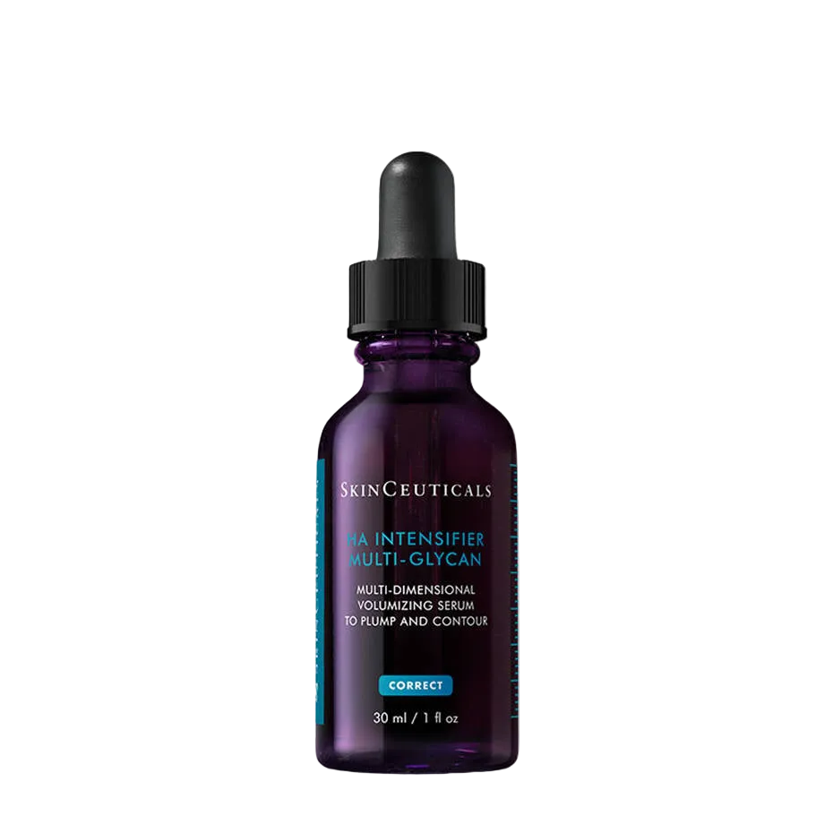 SkinCeuticals CA Intensifier Multi-Glycan volumizing serum in a dark purple glass dropper bottle with a black cap, on a white background.