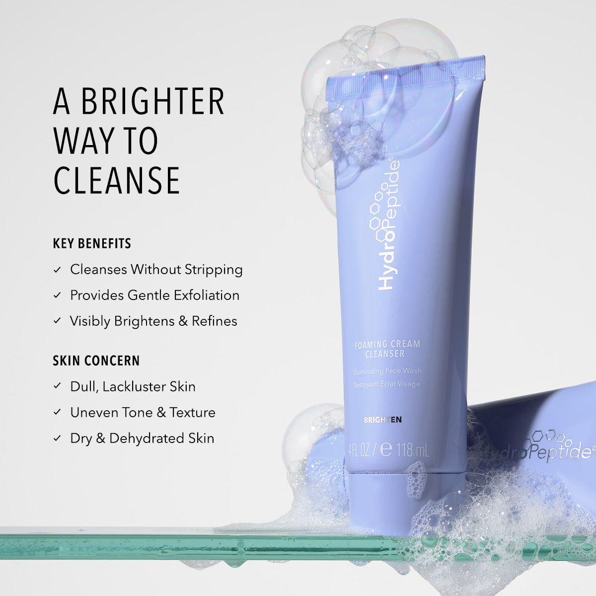 HydroPeptide cleanser with benefits listed on a light gray background