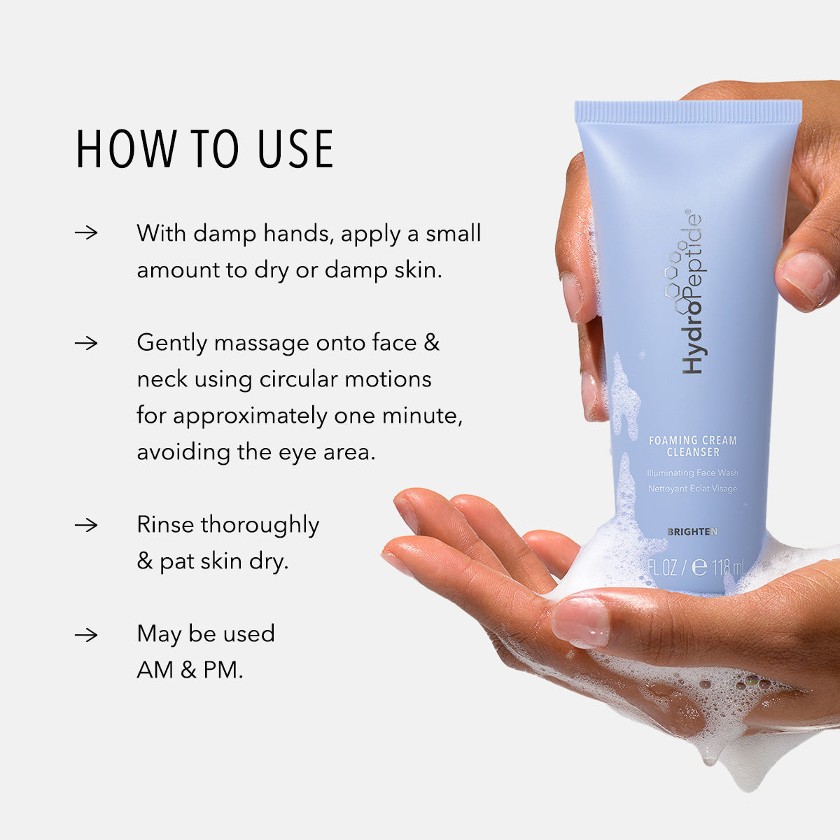 HydroPeptide foaming cream cleanser with usage instructions on a white background.