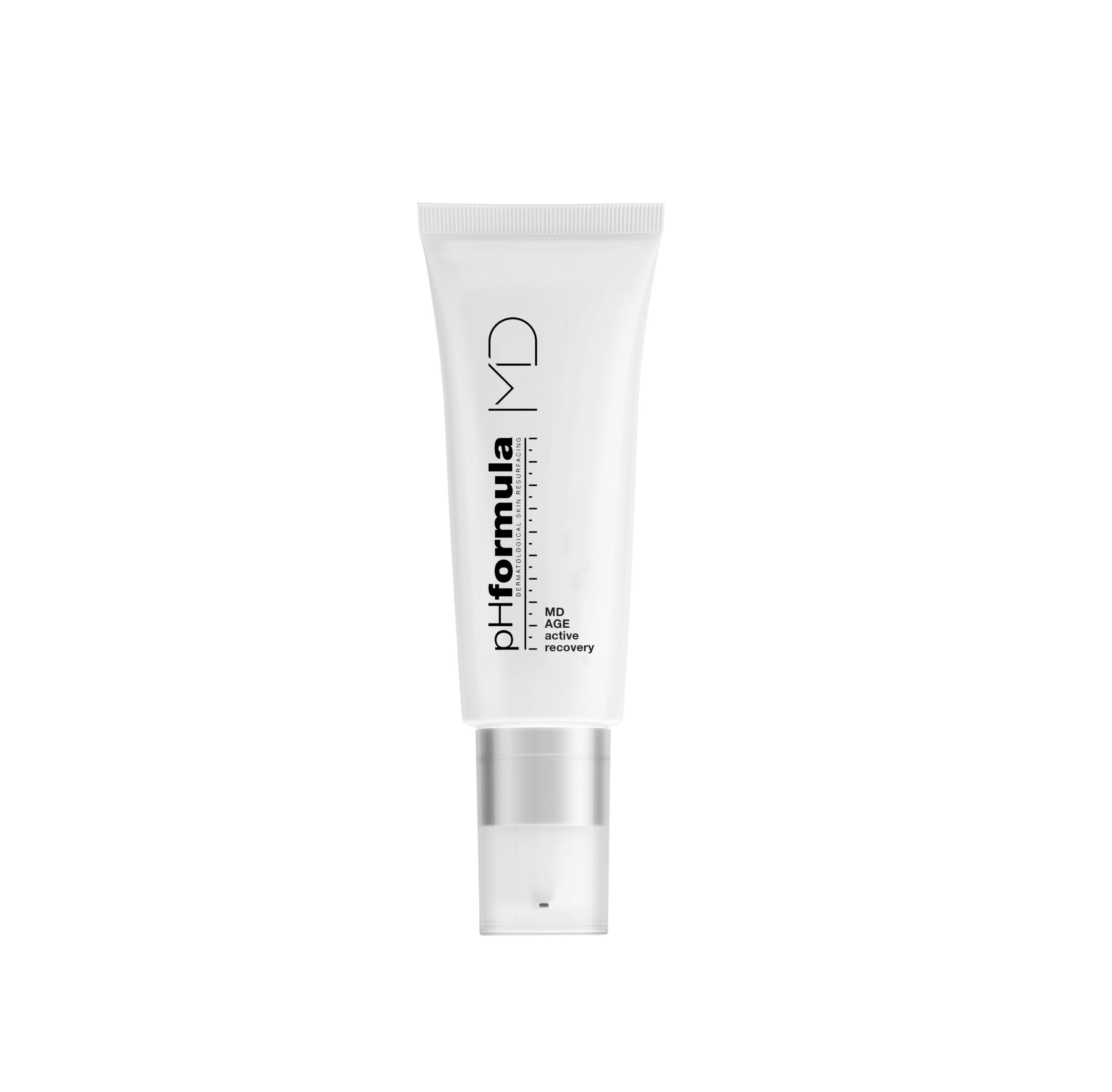 A white squeeze tube of pH formula MD AGE active recovery serum with a clear cap, centered on a plain white background.
