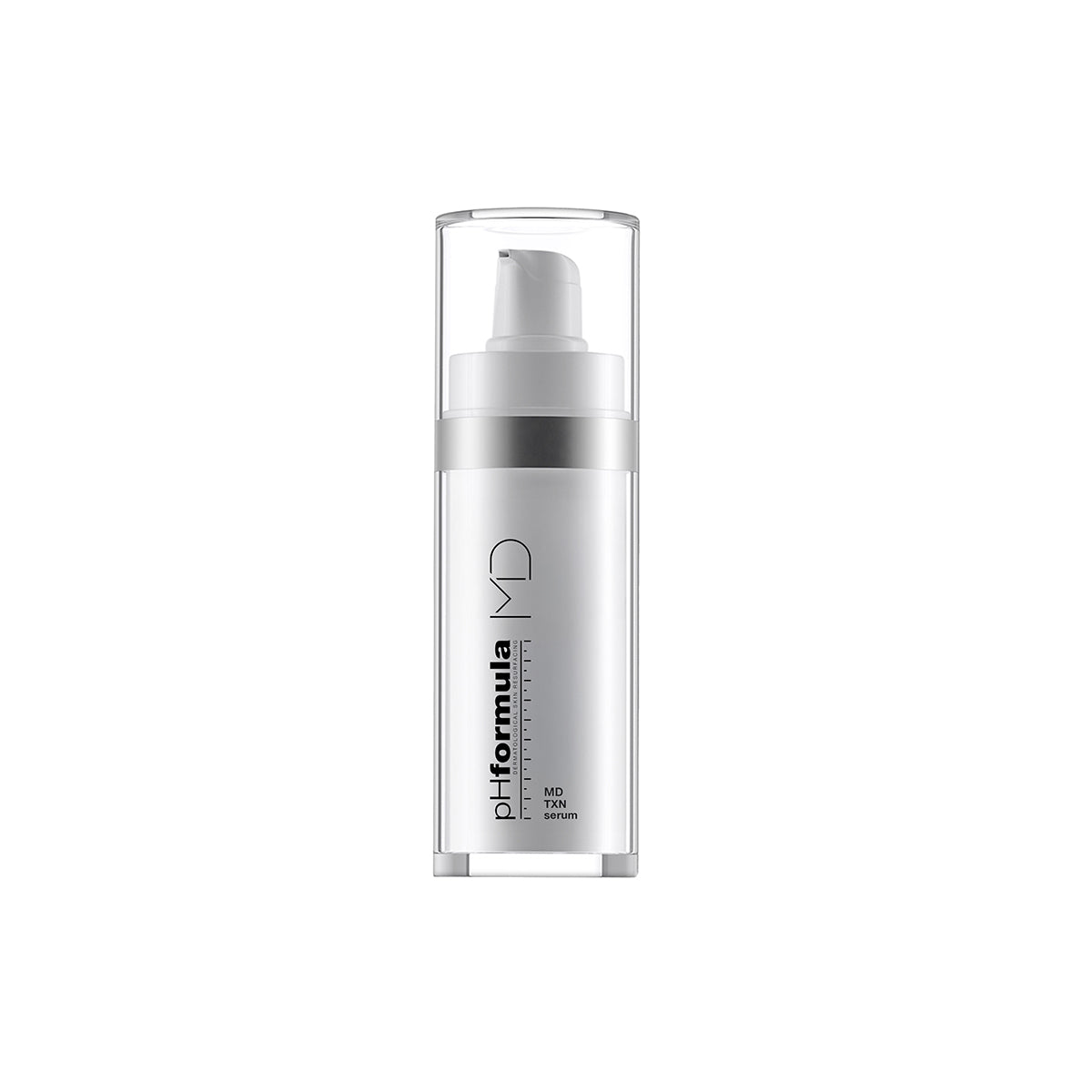 A sleek, cylindrical skincare pump bottle from ph-formula MD, featuring a metallic silver body, a clear protective outer casing, and a white pump dispenser, set against a solid white background. pHformula MD TXN Serum, brightening serum for pigmentation and dark spots.