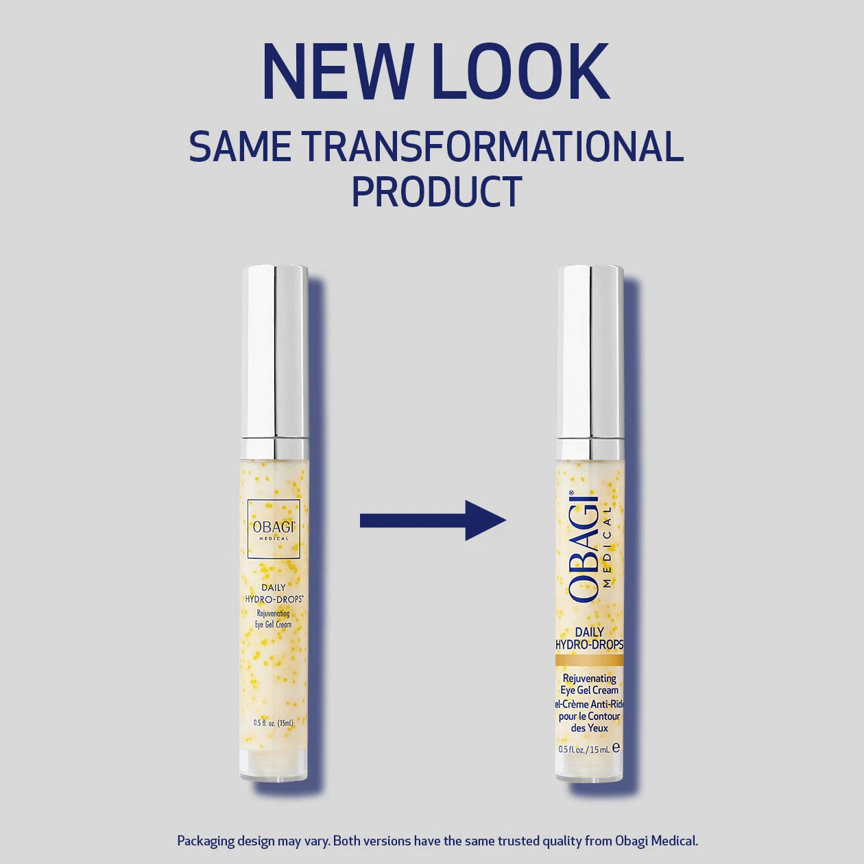 New Obagi Daily Hydro-Drops Rejuvenating Eye Gel Cream packaging with updated clinical tube design, premium eye treatment for a refreshed, radiant look.