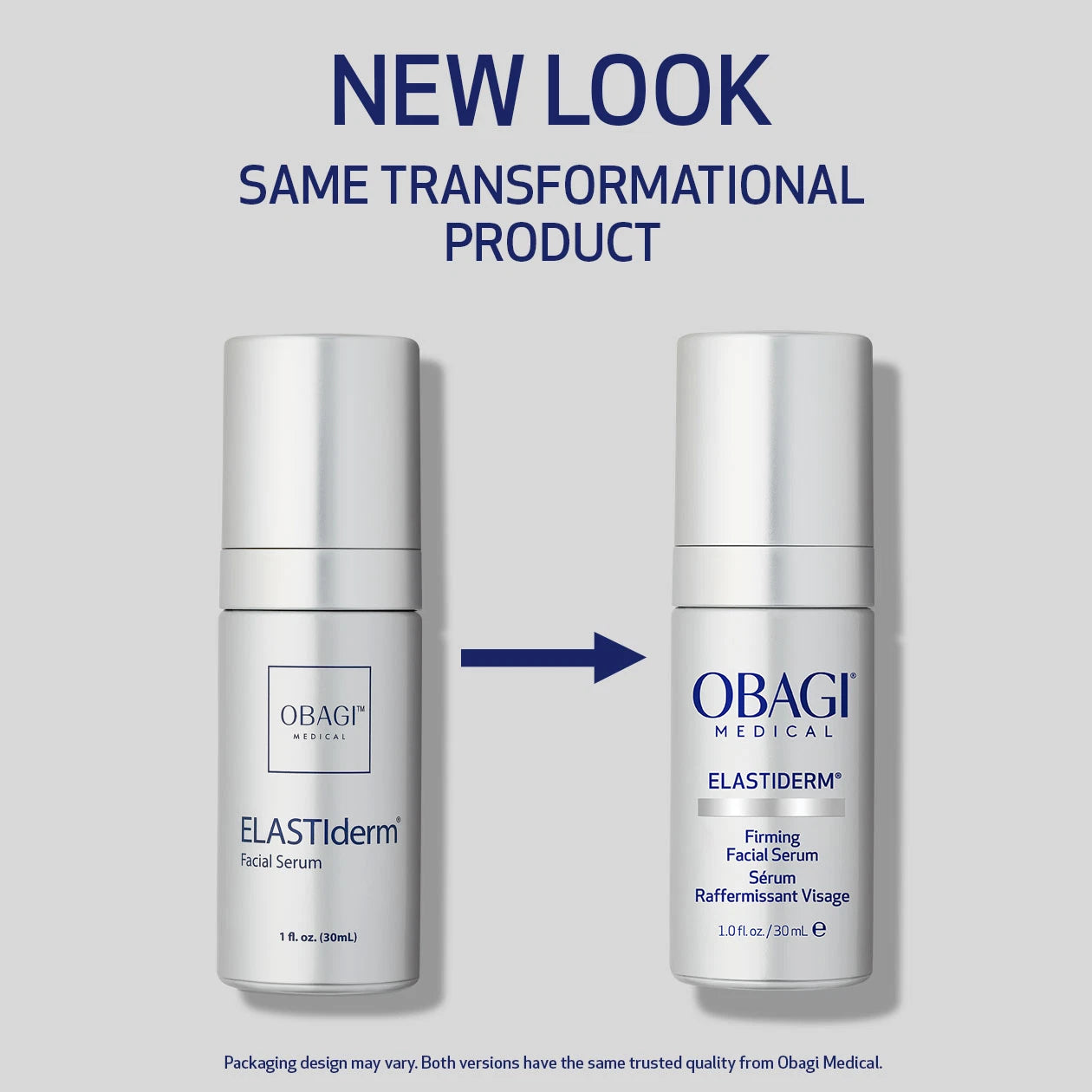 New Obagi ELASTIderm Facial Serum packaging with sleek clinical bottle design, premium anti-ageing serum for loss of firmness and sagging skin.