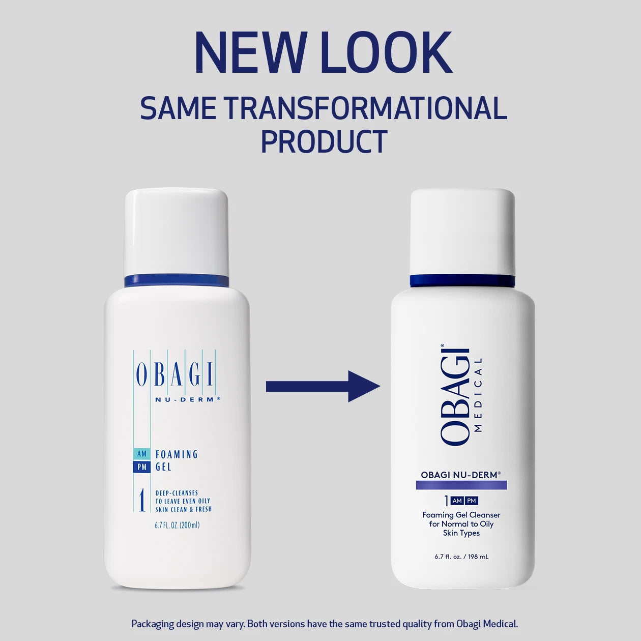 New Obagi Nu-Derm Foaming Gel packaging with updated clinical bottle design, professional-grade foaming cleanser for acne and congestion.